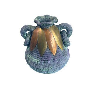 Handcrafted Southwestern Sand Pottery Vase With Copper Accents 5" Tall 7" Wide